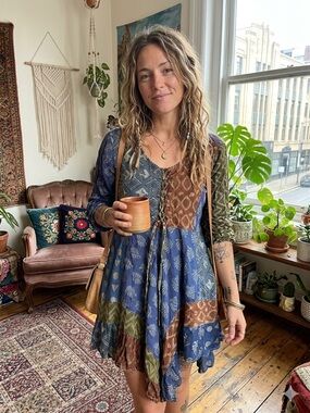 Sacred Threads Blue Multi Patchwork V-Neck Tunic